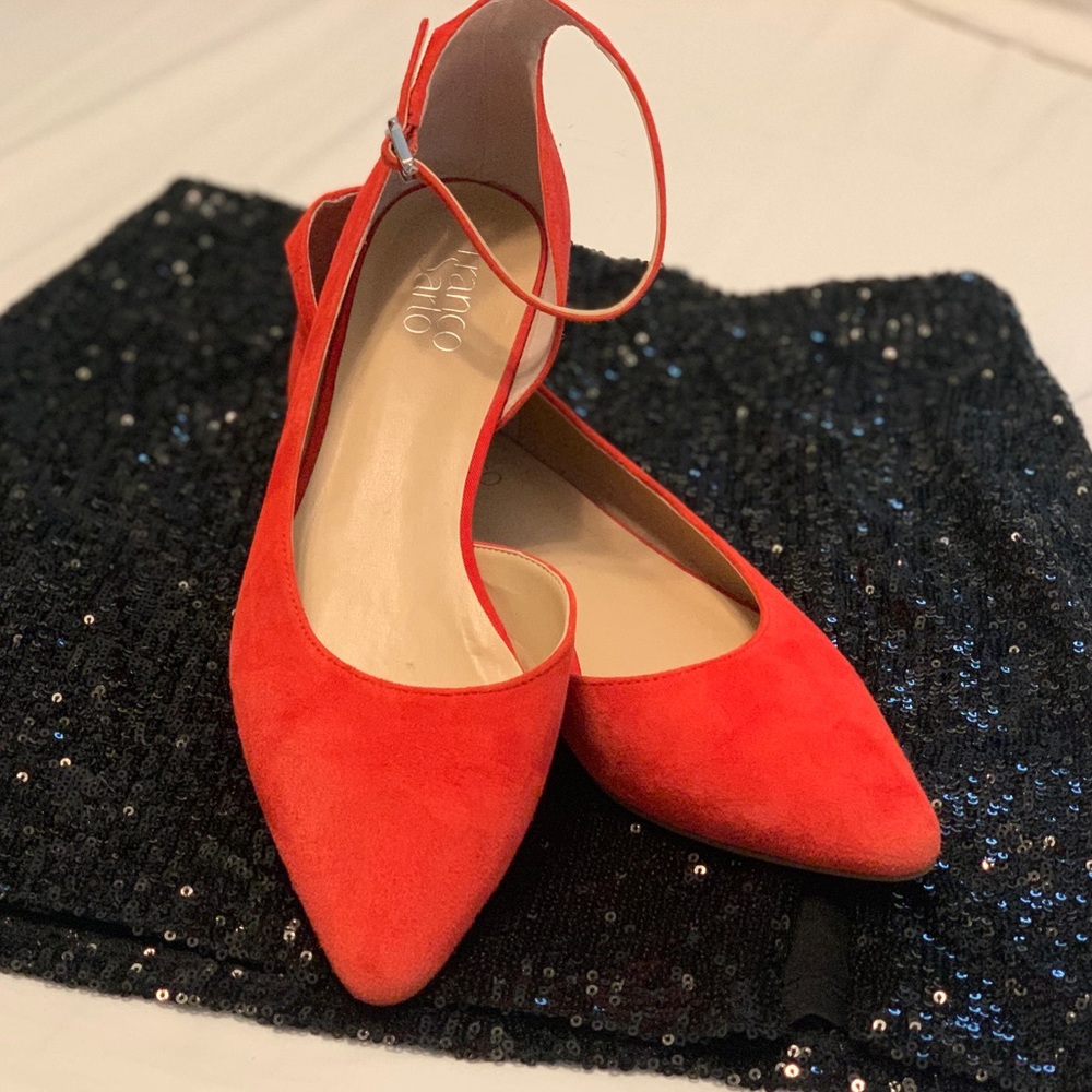 Franco Sarto Red Pointed Toe Suede Flats with Buckle Ankle Strap